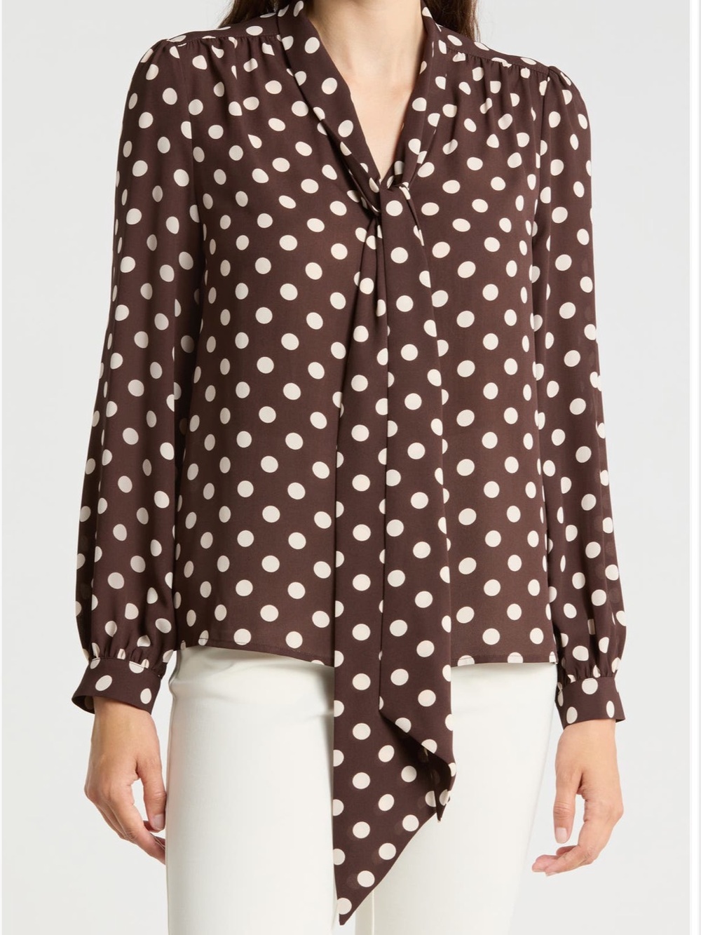 Gemma + Jane Tie Neck Georgette Top Color Chocolate/Ivory Dot size XL